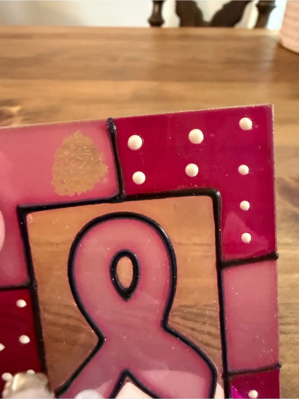 Pink Stained Glass Ribbon Frame with Pink Glass Angel Breast Cancer